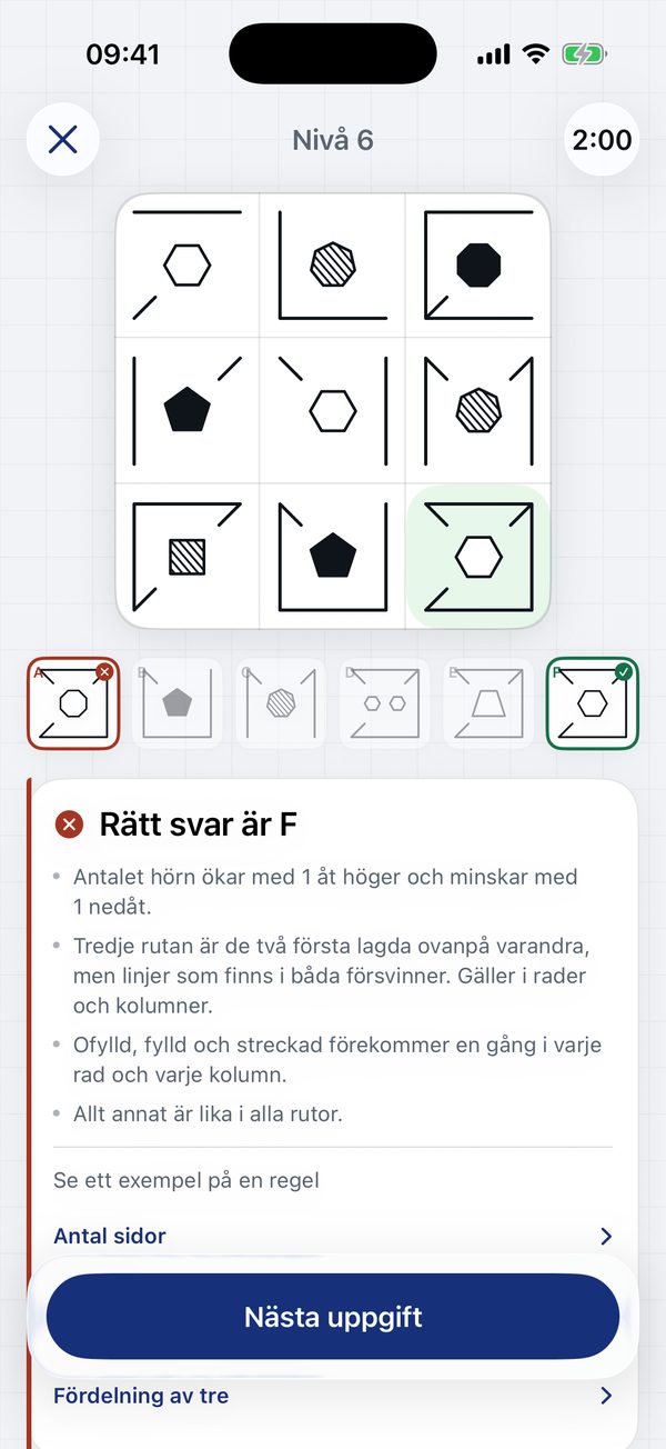 Facit efter ett fel svar: rätt alternativ markerat och varje regel förklarad i text.